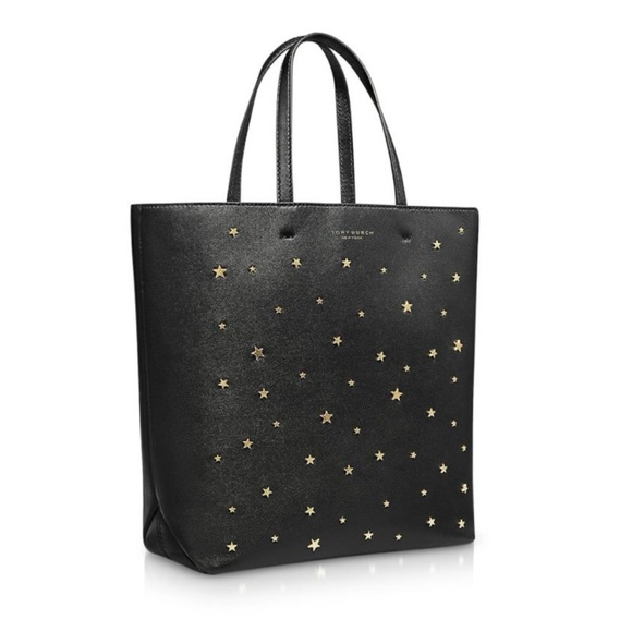 Tory Burch Handbags - $398 Tory Burch Fleming Black Lambskin Leather Gold Star Studs Satchel Tote Bag